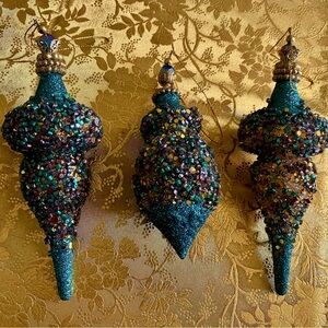 3 Glittery Multicolor Gold Purple Teal Sequin Glass Beaded Christmas Ornaments